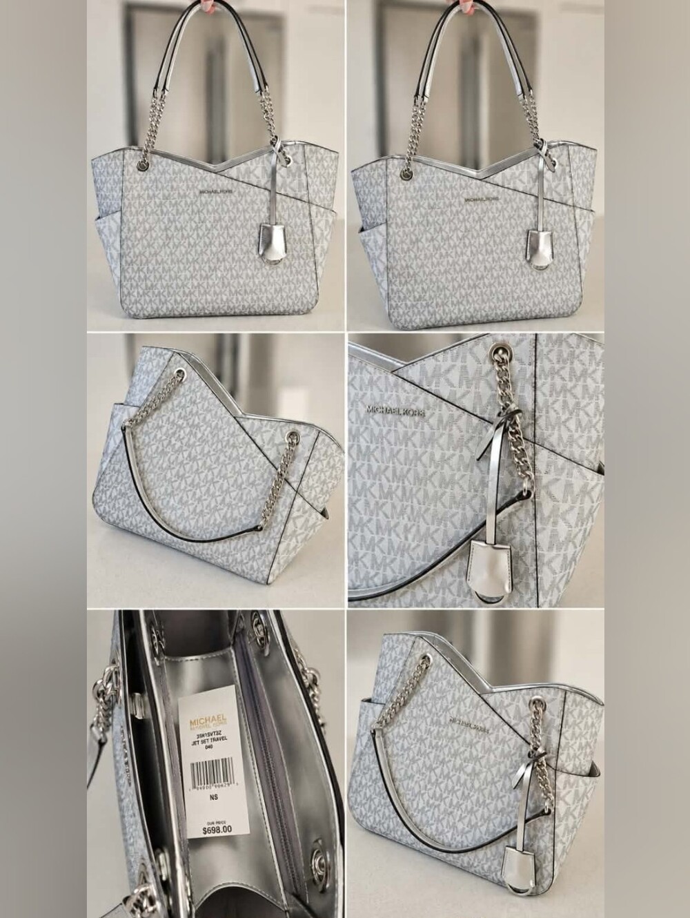 Michael Kors Silver/White Signature Chain Strap Tote